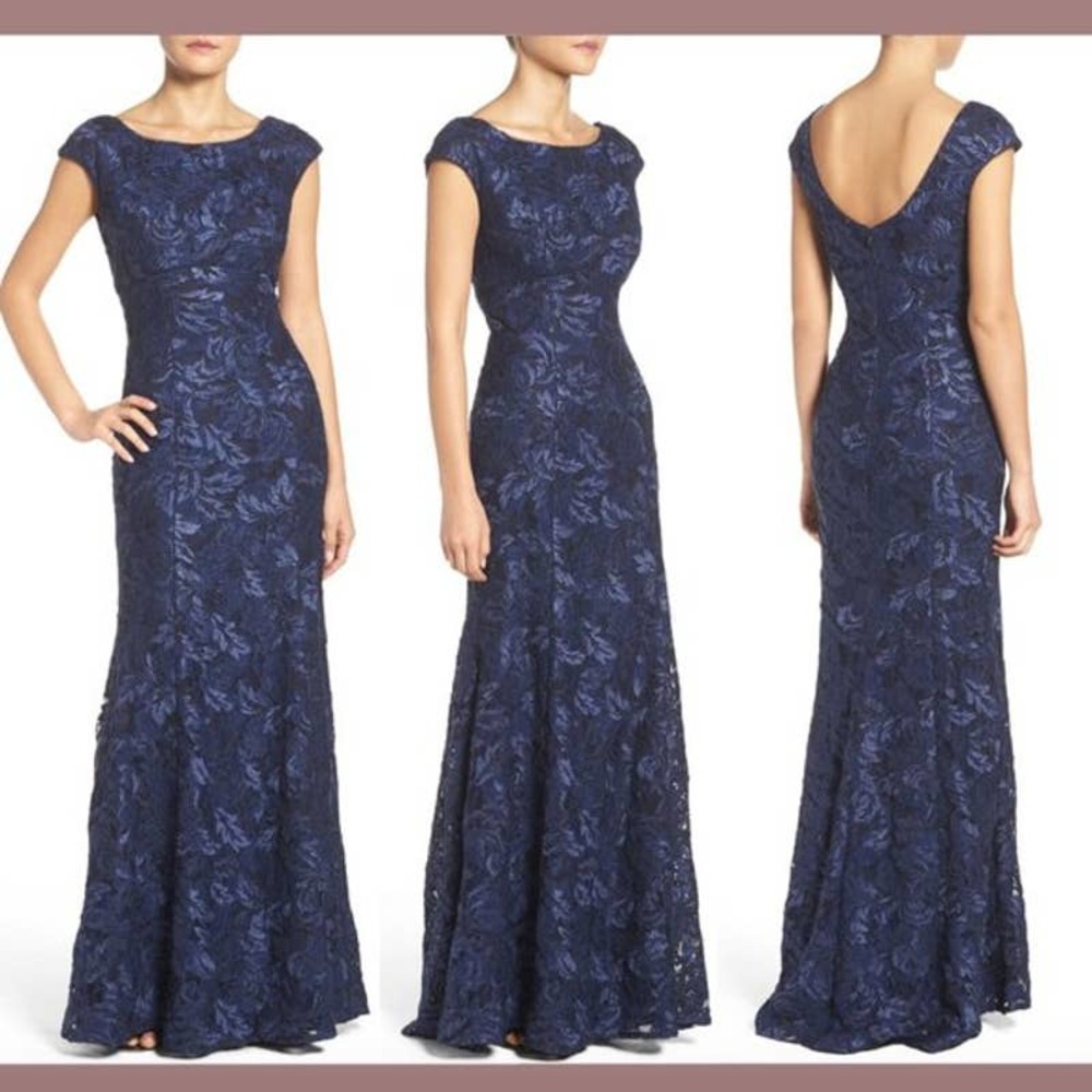 Xscape Embroidered Lace Mermaid Gown Blue Size 12 Petite